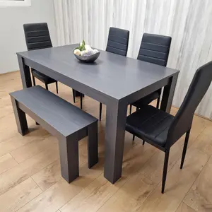 Dining Table and 4 Chairs With a Bench  Black Dark Grey 4 Black Leather Chairs 1 Grey Bench Wood Dining Set Furniture