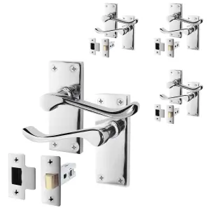 AFIT Polished Chrome Victorian Scroll Door Handle Latch Set - 4 Pairs of Internal Lever Latch Handles on Backplate & Latch (66mm)