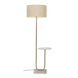 ValueLights Tavel Brushed Gold Floor Lamp with Table and Neutral Shade