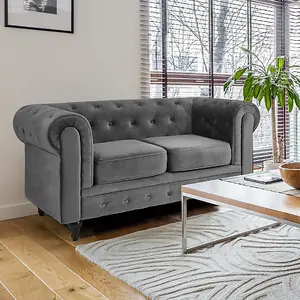 Velvet Chesterfield 2 Seater Sofa - Grey