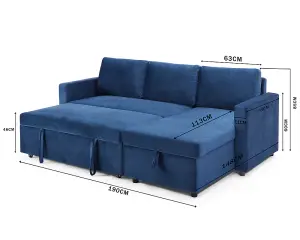 Dorset 3 Seater Pull-Out Reversible Chaise Sofa Bed, Blue Velvet