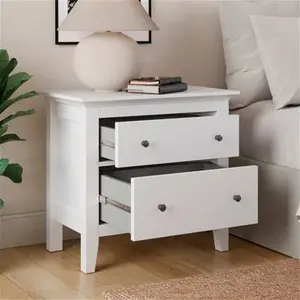 Dunelm Lynton 2 Drawer Wide Bedside Table, Farmhouse, White