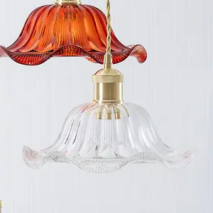 ValueLights Cassia Gold Hanging Triple Ceiling Pendant Light with Multi Coloured Frill Flower Glass Lampshades - Bulbs Included