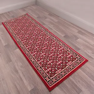 Red Traditional Floral Bordered Rug Easy to clean Dining Room-67cm X 200cm