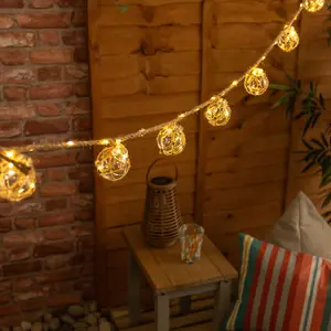 ValueLights Set of 8 - Solar Powered Outdoor Garden Rattan Rope String Lights with Wicker Balls