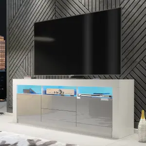 Shine TV Unit 160cm White & Grey with High Gloss Doors and LED Lighting - Creative Furniture