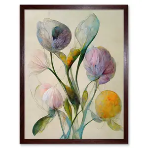 Modern Elegant Pastel Bouquet Abstract Flowers - Print Brown Framed Unframed / 43cm H x 33cm W x 2cm D