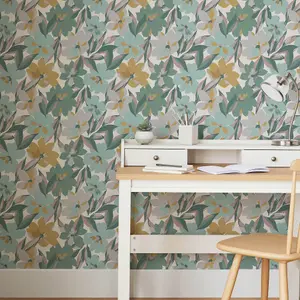 Next Hot House Floral Green, Blue & Yellow Smooth Wallpaper