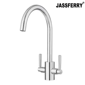 JASSFERRY Swan Neck Kitchen Mixer Tap Two Levers Quarter Turn Handle Chrome