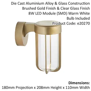 Brushed Gold Outdoor Wall Light with Glass Shade - IP44 Rated - Integrated LED