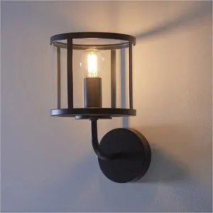 Flush Ceiling Light & 2x Matching Wall Lights - Matt Black Clear Glass Shade