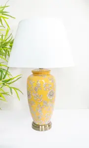 Yellow Floral Ceramic Table Lamp with Plain Shade