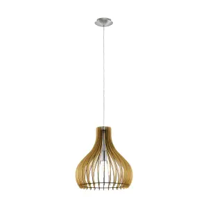 Pendant Ceiling Light Colour Satin Nickel Shade Maple Wood Bulb E27 1x60W