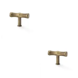 2 PACK - Bamboo T Bar Cupboard Door Knob - 55mm x 38mm - Antique Brass Unit Pull Handle