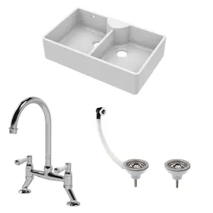 Fireclay Kitchen Bundle - Double Bowl Stepped Weir Butler Sink, Wastes & Bridge Lever Tap, 895mm - Chrome - Balterley