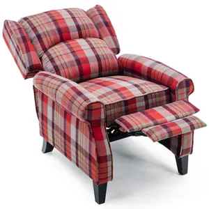 Eaton Wing Back Fireside Check Fabric Recliner Armchair Sofa Chair Reclining Cinema (Red)