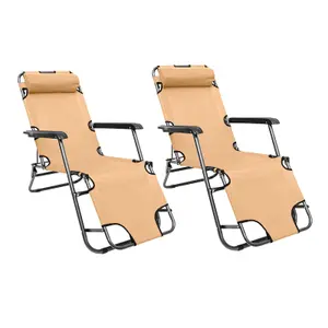 Neo Beige 2x Pair 2 In 1 Sun Lounger Outdoor Garden Chairs Zero Gravity Recliner Reclining Folding Set