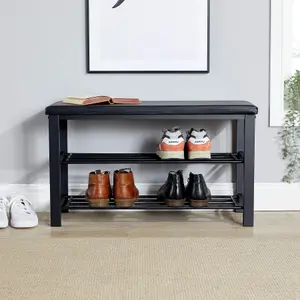 Home Source Sleaford Black Metal PU Upholstered Shoe Bench