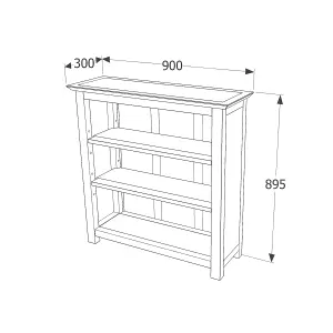 3 shelf low wide bookcase, rich dark brown lacquer finish, Boston range