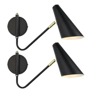 First Choice Lighting Set of 2 Dakotta Matt Black & Brushed Gold Adjustable Wall Lamps