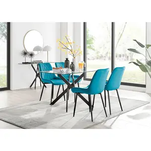 Lenworth Glass Rectangular Dining Table Set with 4 Luxury Velvet Chairs Blue/Black / Black