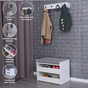 White Shoe Racks Storage Bench with Wall-Mounted Coat Stand - Grey Cushion Shoe Storage Seat - Wallet and Key Holder Organizer