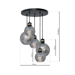 Milagro Omega Black/Gold Pendant Lamp 5XE27 With Elegant Smoked Glass Spheres Quality Matt Black Fittings With Gold Detail