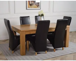 Dakota 182 x 92 cm Chunky Oak Large Dining Table and 6 Chairs Dining Set with Lola Black Leather Chairs