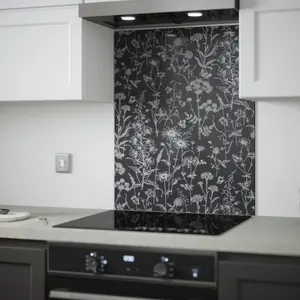 Laura Ashley Lisette Charcoal Silhouette Floral Glass Splashback, (H)750mm (W)600mm (T)6mm