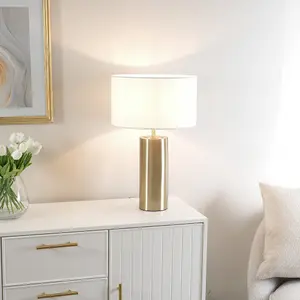 ValueLights Lexy Antique Brass Touch Table Lamp with White Drum Shade