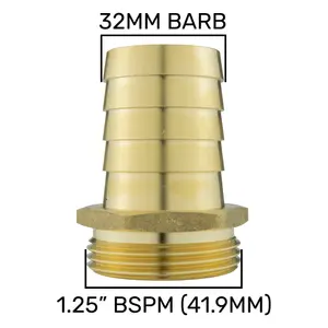 Solid brass pipe hosetails to male bsp thread for pumps,filters water features and fountains 32mm barb-1.25" bsp(41.9mm)