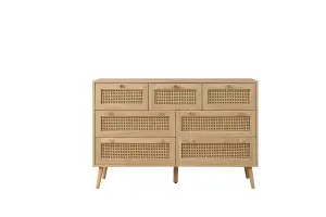 Brown Oak Chest of 7 Drawers Rattan Mid Century Modern