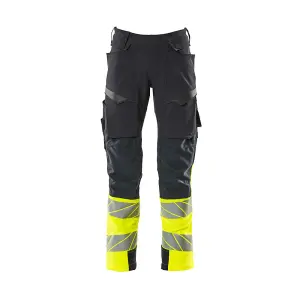 Mascot Accelerate Safe Trousers with Kneepad Pockets - Dark Navy/Hi-Vis Yellow (34.5) (Leg Length - Long)