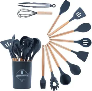 MACZ Silicone Kitchen Utensils Set - 12Pcs Cooking Utensils Set With Holder - Heat Resistant, Nonstick Cookware Tongs Spatula Kitchen Set - Easy