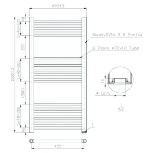 500x1000mm Matt Black Heated Towel Warmer Ladder Rail Radiator