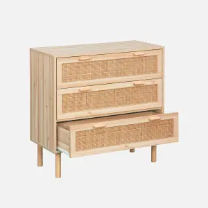 sweeek. 3-drawer chest with cane and wooden effect Camargue Natural 80x40x80 cm