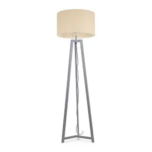 ValueLights Lottie Grey Wood Tripod Floor Lamp with Natural Drum Shade - LED Bulb Included