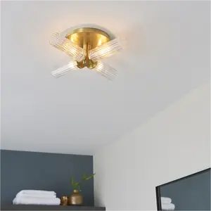 Semi Flush Ceiling Light & 2x Matching Wall Lights - Satin Brass Clear Ribbed Cylinder Shades