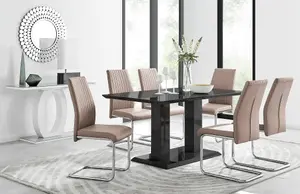 Imperia Black High Gloss 6 Seater Dining Table with Structural 2 Plinth Column Legs 6 Beige Faux Leather Lorenzo Cantilever Chairs