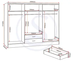 Nevada 6 Door 2 Drawer Mirrored Wardrobe in Grey Gloss and Oak Effect Finish