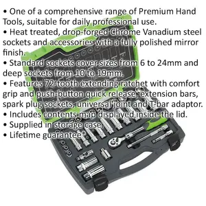 34pc PREMIUM Deep Socket & Ratchet Handle Set - 3/8" Square Drive 6 Point Metric