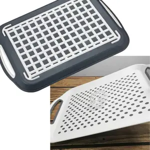 2 x Anti-Slip Plastic Serving Tray Non-Slip Rubber Surface/Bottom - White & Grey