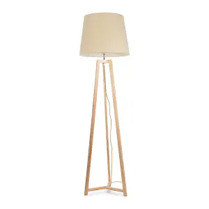 ValueLights Lottie Natural Wood Tripod Floor Lamp with Beige Tapered Shade