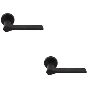 2 PACK - Contemporary Flat Door Handle Set - Matt Black Sleek Lever on Round Rose