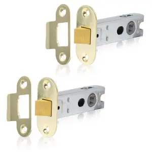 XFORT Polished Brass Radius Tubular Latch, Two 75mm Polished Brass Radius Tubular Latches for Internal Wooden Doors.