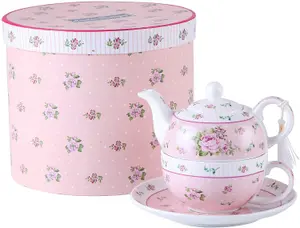 Vintage Rose Flower Victoria Flora Porcelain Tea for One Teapot and Cup suacer in Gift Box (Pink)