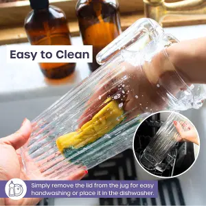 1L Glass Fridge Jug with Lid Clear Water Pitcher with Ribbed Design, Vented Spout & Handle for Juices, Pimms & Everyday Use