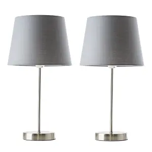 ValueLights Modern Pair Of Satin Silver Table Lamps With Grey Shades