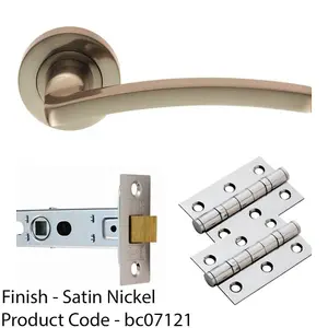 Door Handle & Latch Pack - Satin Nickel Slim Curved Screwless Round Rose Kit