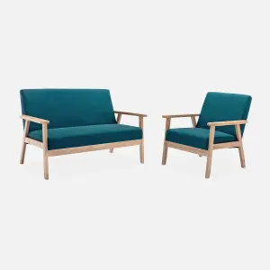 sweeek. Armchair and 2-seater sofa in hevea wood Isak set Petrol Blue 114x69.5x73 cm